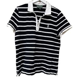 Lauren Active LRL Black White Striped 1/4 Zip Short Sleeve Polo Shirt Size 10